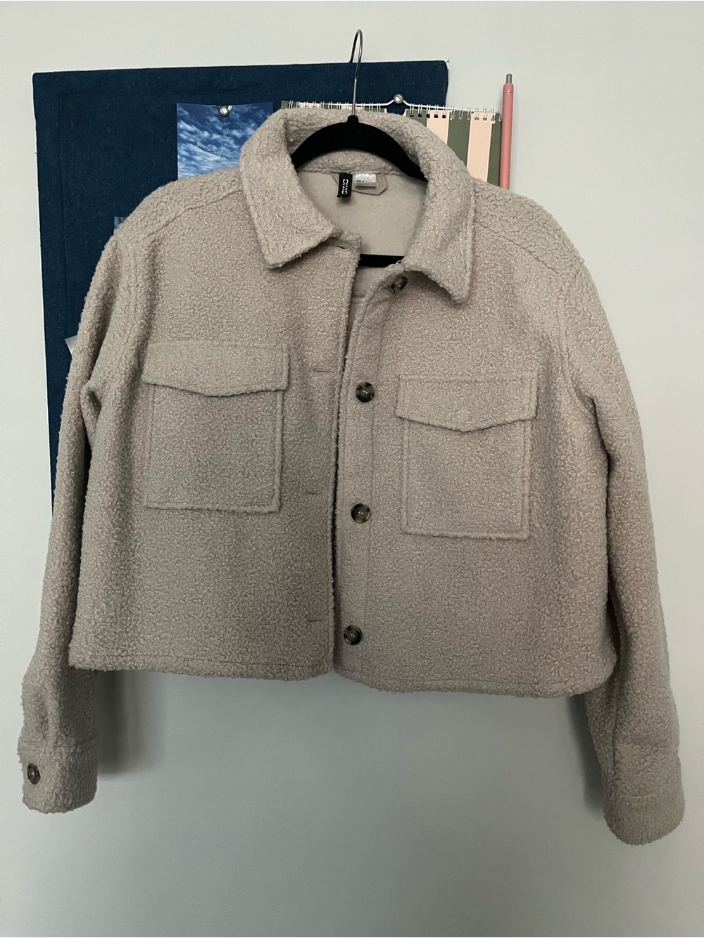 H&M Cropped Teddy Shacket in Light Beige